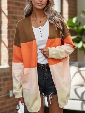 NEW• Cocoa Latte Color Block Cardigan Sweater With Pockets•XL-2X